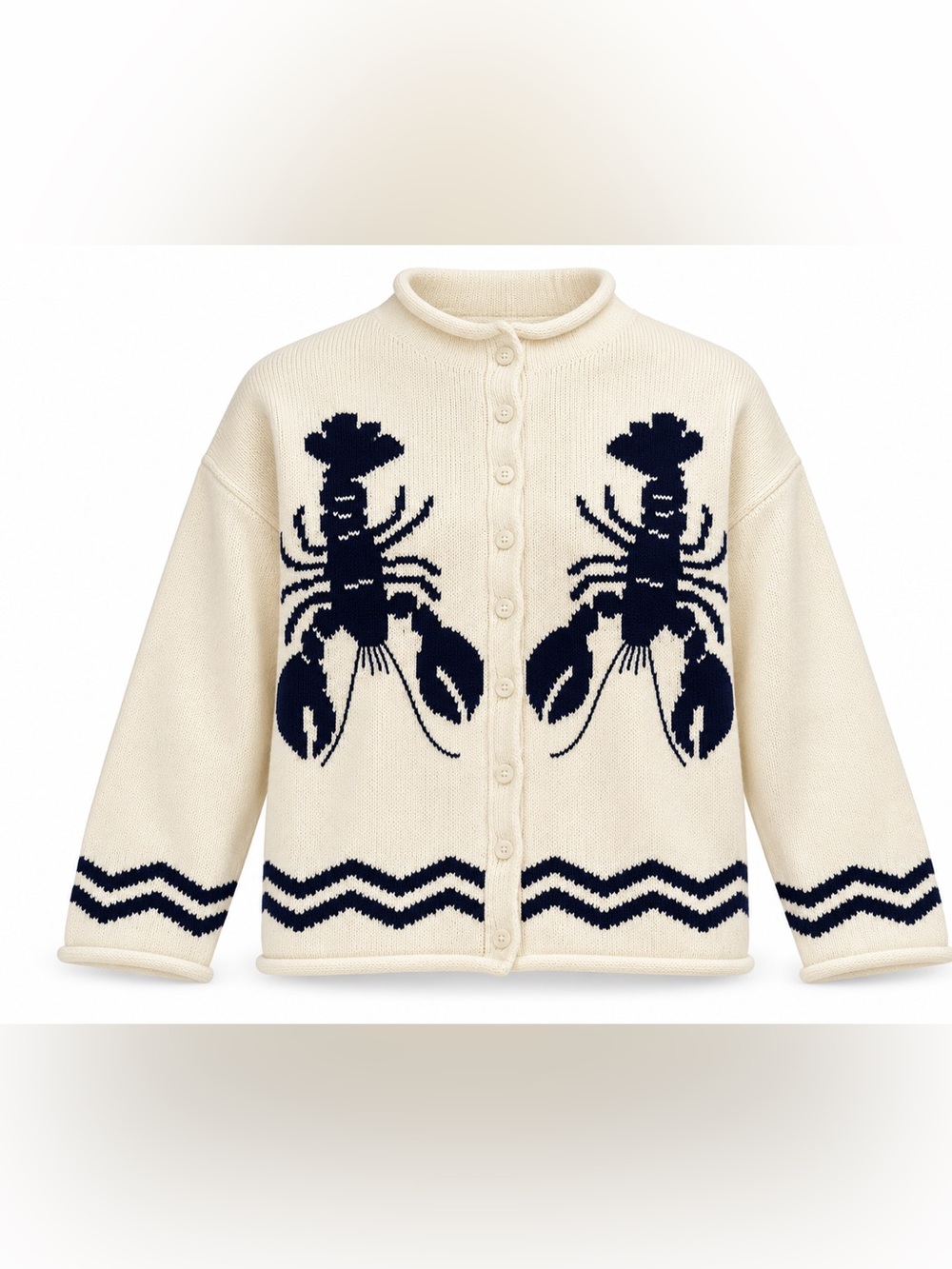 NWT J.Crew 2025 Rollneck Lobster Intarsia Cardigan Ivory Navy S